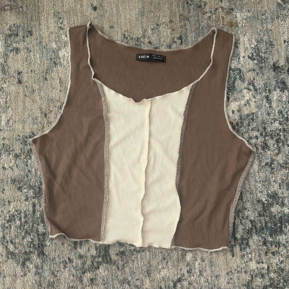 SHEIN Color Block Ribbed Knit Tank Top Brown & Cream Sleeveless Casual‎ Crop